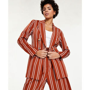 Bar III Women's Brown & White Striped Faux Double Breasted Blazer Jacket NWT